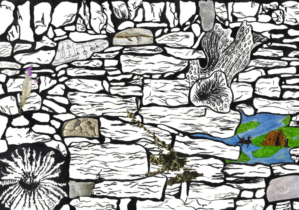 Illustration of a drystone wall with other elements blended into the stonework