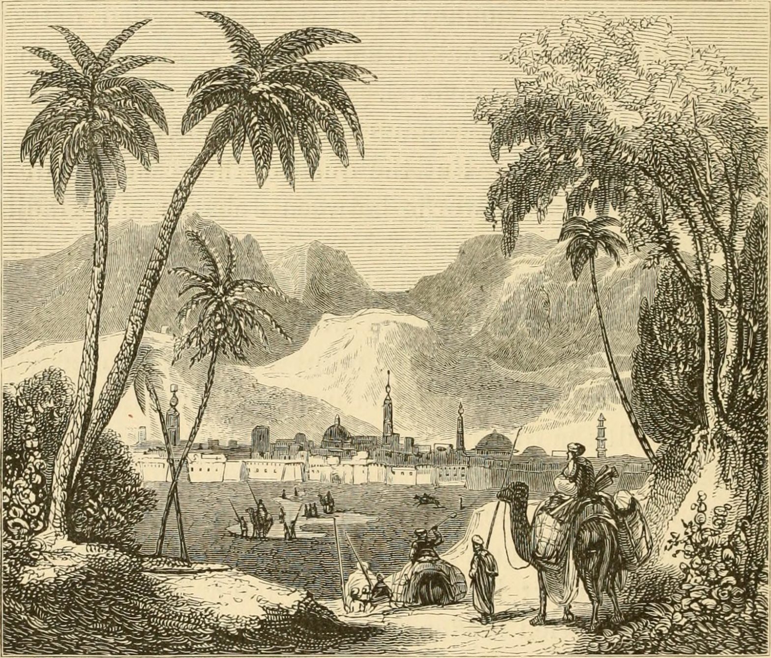 Engraved illustration of a landscape with palm trees and travellers on foot and camel in the fore, a Mesopotamian town in the mid distance and mountains in the far distance.