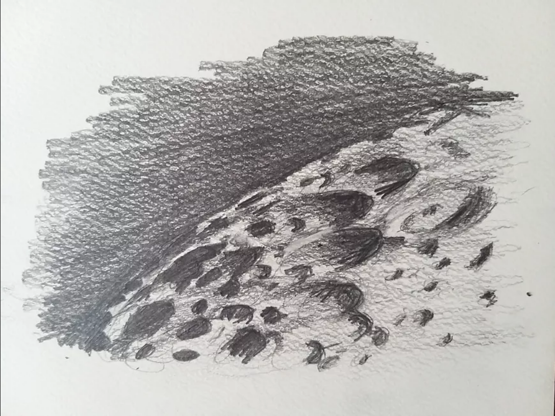 Pencil illustration of a section of the moon and its horizon with empty space, the surface is pitted with craters.